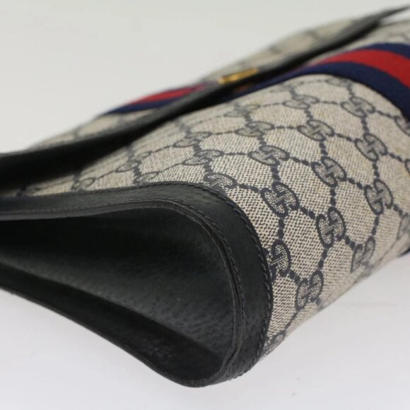 GUCCI GG Canvas Sherry Line Clutch Bag PVC Leather Red Navy gray Auth th3865 - Picture 3 of 15